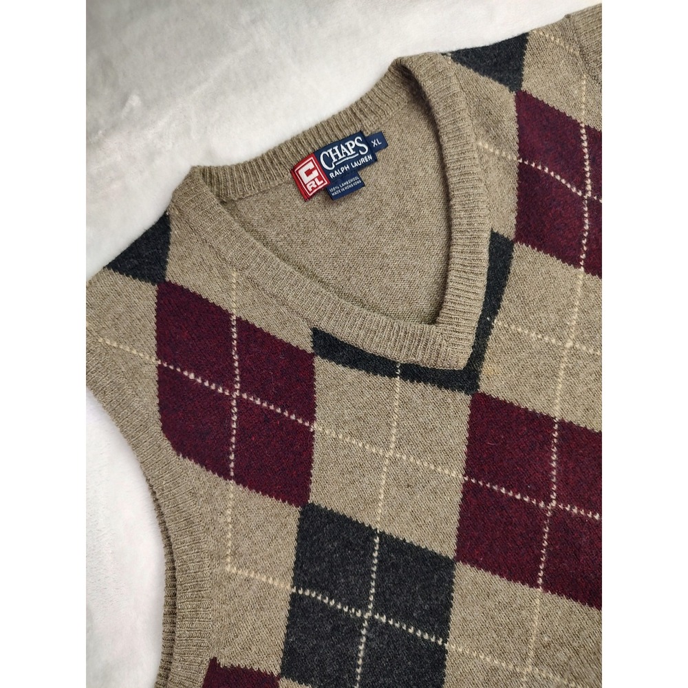 Chaps Ralph Lauren Mens Argyle Sweater Vest Tan Burgundy Black XL Lambswool